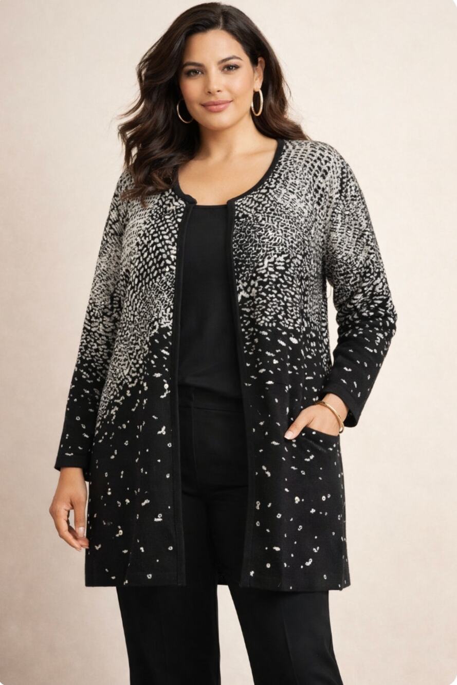 Chicos Sz 3 XL/16 Black Silver Longline Cardigan Knit Sweater Glam Classy Chic